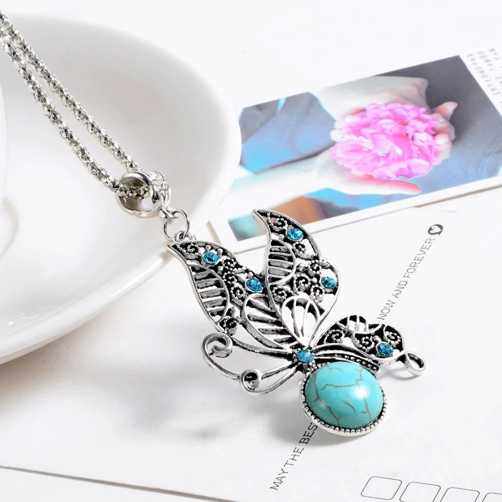 New Fashion Jewelry Natural Turquoise Stone Pendant Necklace Women lover Valentine's Day gifts vintage Butterfly necklaces