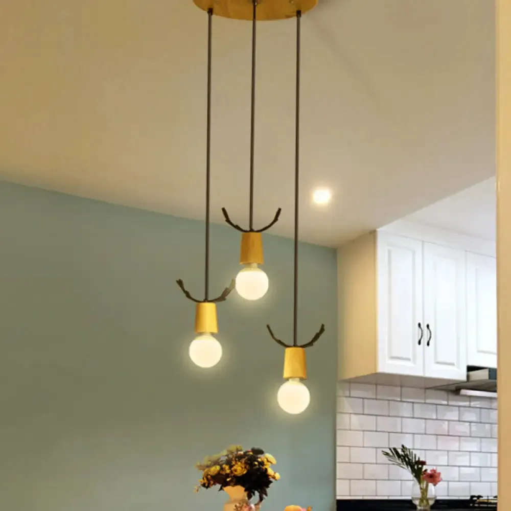 Nordic Antler Wooden 3-Light Hanging Pendant with Open Bulb Design for Restaurants