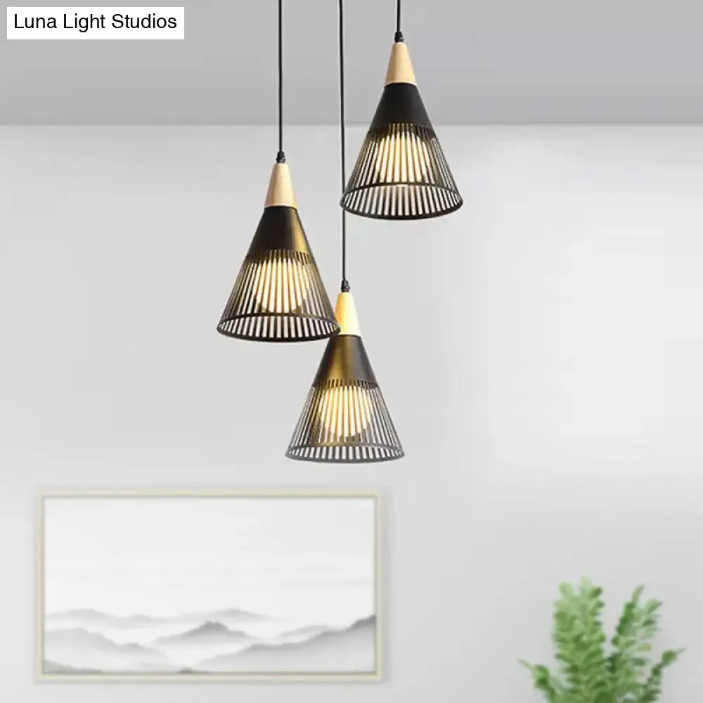 Nordic Cone Ceiling Light - 3 Head Metal and Wood Pendant Lighting with Wire Frame, Linear/Round Canopy - Black/White