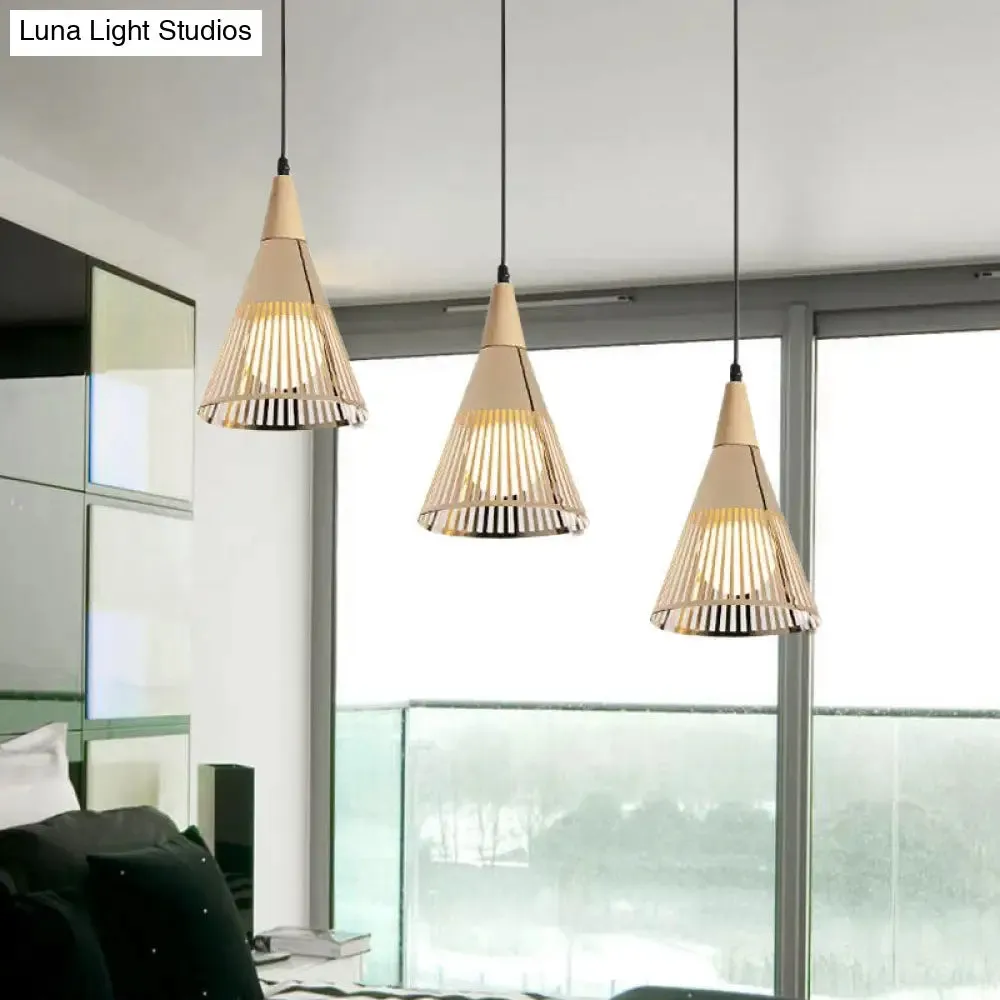 Nordic Cone Ceiling Light - 3 Head Metal and Wood Pendant Lighting with Wire Frame, Linear/Round Canopy - Black/White