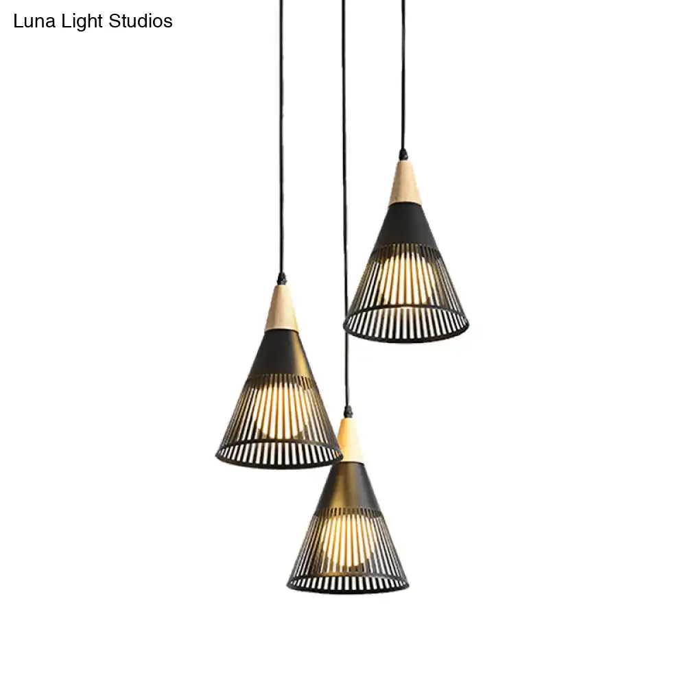 Nordic Cone Ceiling Light - 3 Head Metal and Wood Pendant Lighting with Wire Frame, Linear/Round Canopy - Black/White