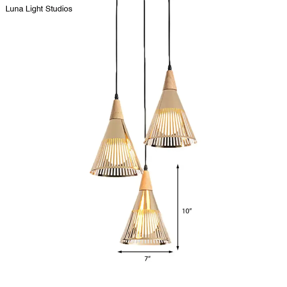 Nordic Cone Ceiling Light - 3 Head Metal and Wood Pendant Lighting with Wire Frame, Linear/Round Canopy - Black/White