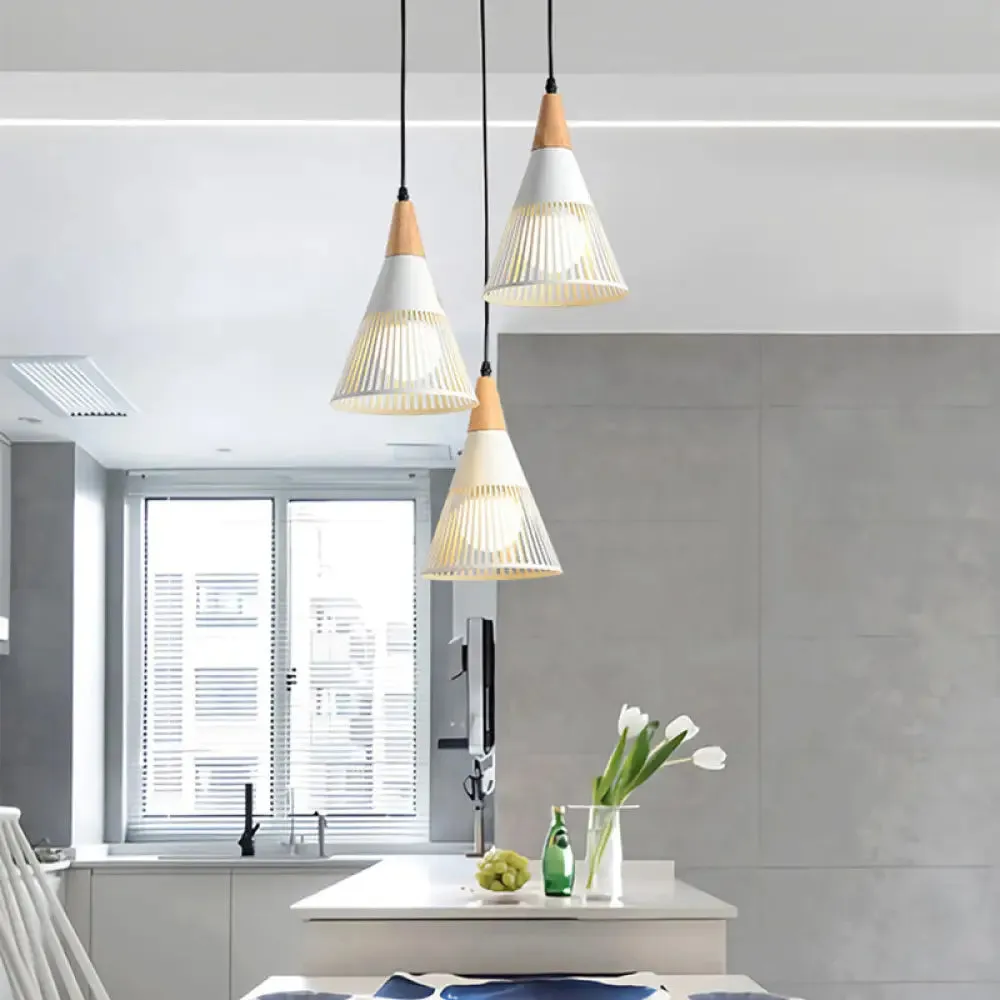 Nordic Cone Ceiling Light - 3 Head Metal and Wood Pendant Lighting with Wire Frame, Linear/Round Canopy - Black/White