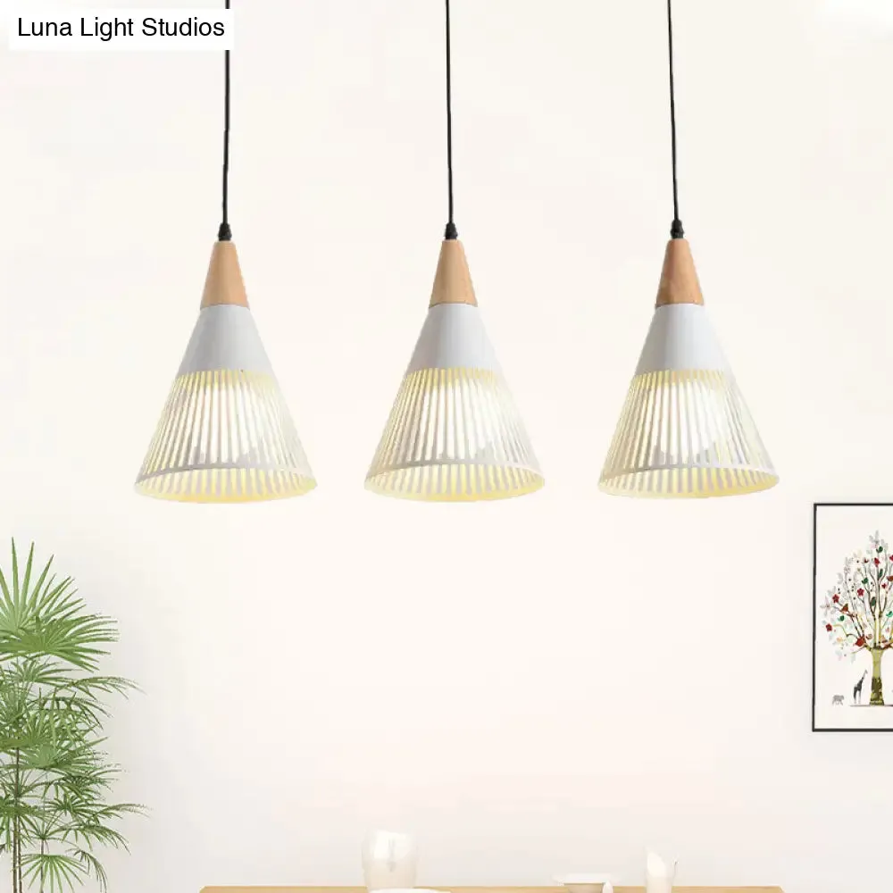 Nordic Cone Ceiling Light - 3 Head Metal and Wood Pendant Lighting with Wire Frame, Linear/Round Canopy - Black/White