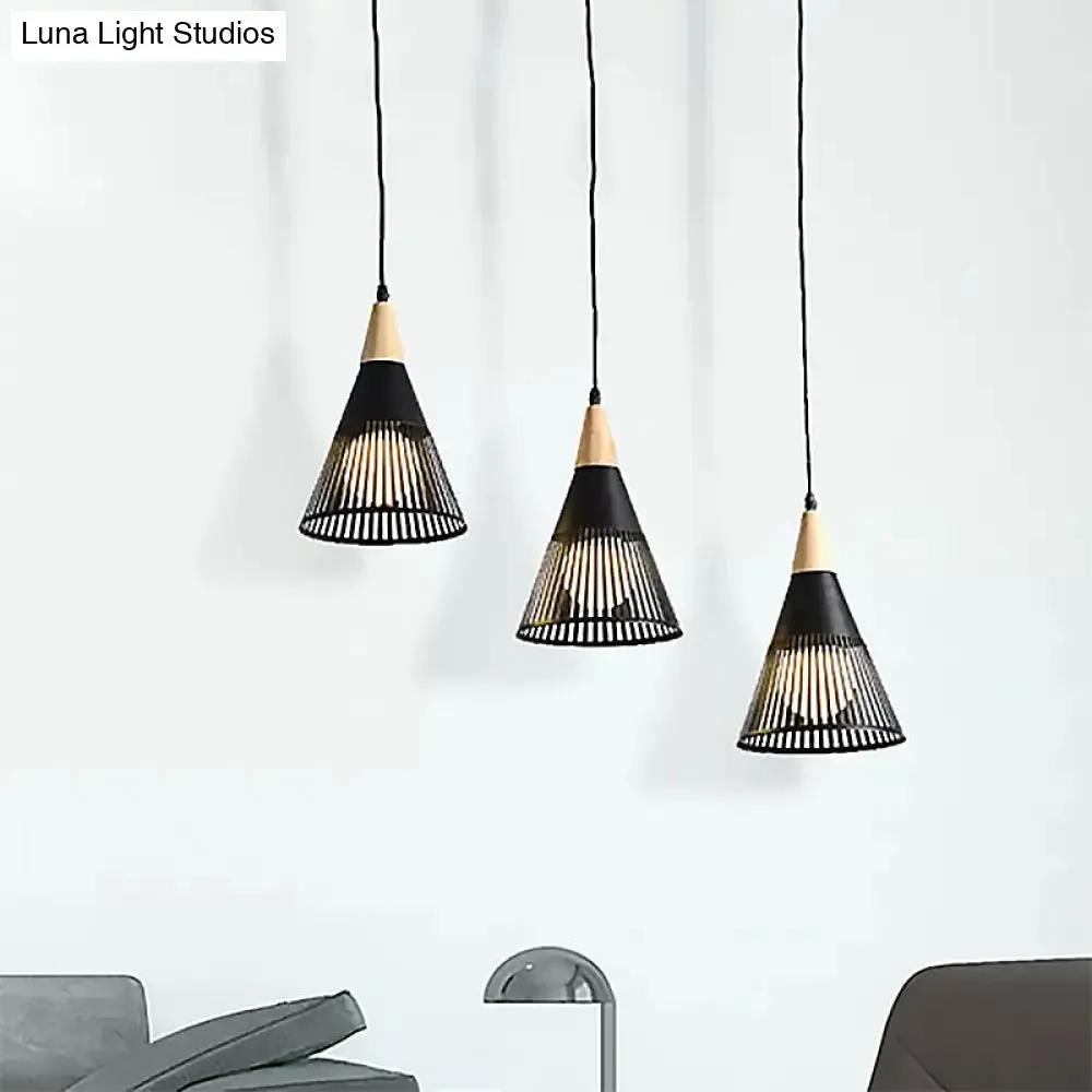 Nordic Cone Ceiling Light - 3 Head Metal and Wood Pendant Lighting with Wire Frame, Linear/Round Canopy - Black/White