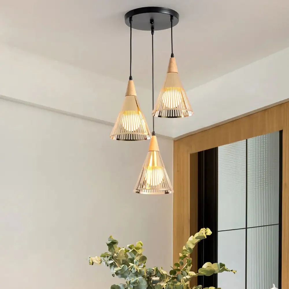 Nordic Cone Ceiling Light - 3 Head Metal and Wood Pendant Lighting with Wire Frame, Linear/Round Canopy - Black/White