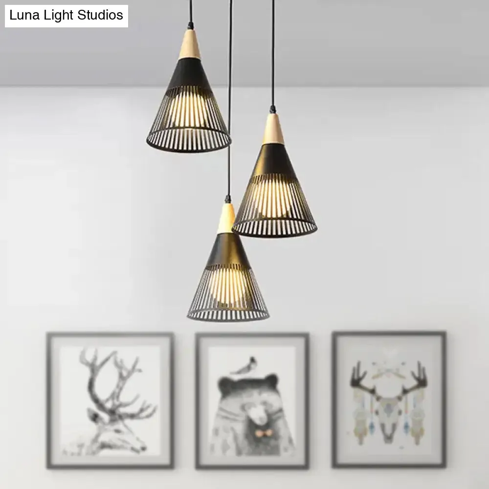 Nordic Cone Ceiling Light - 3 Head Metal and Wood Pendant Lighting with Wire Frame, Linear/Round Canopy - Black/White