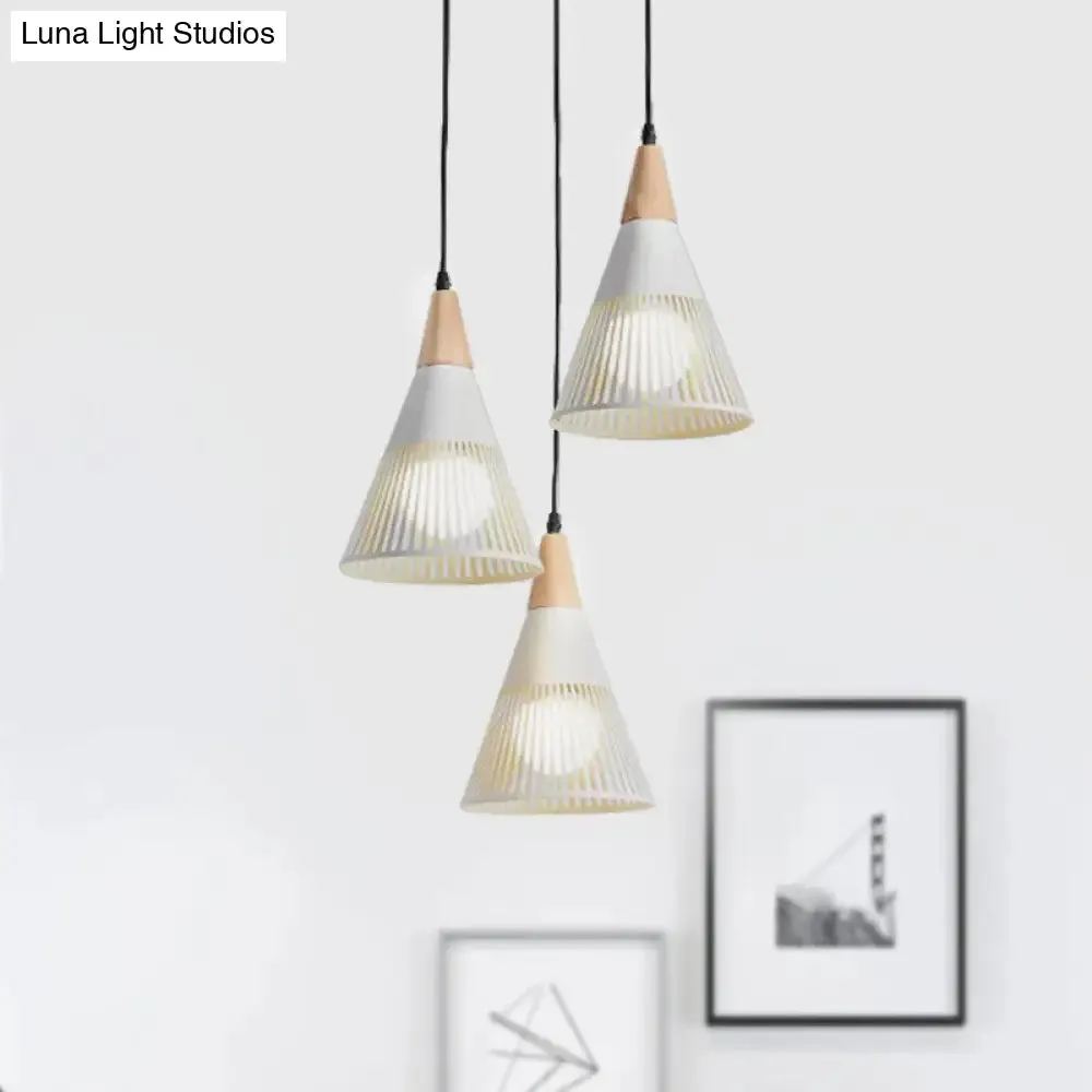 Nordic Cone Ceiling Light - 3 Head Metal and Wood Pendant Lighting with Wire Frame, Linear/Round Canopy - Black/White