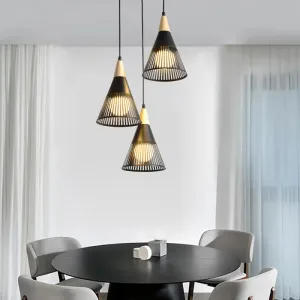 Nordic Cone Ceiling Light - 3 Head Metal and Wood Pendant Lighting with Wire Frame, Linear/Round Canopy - Black/White