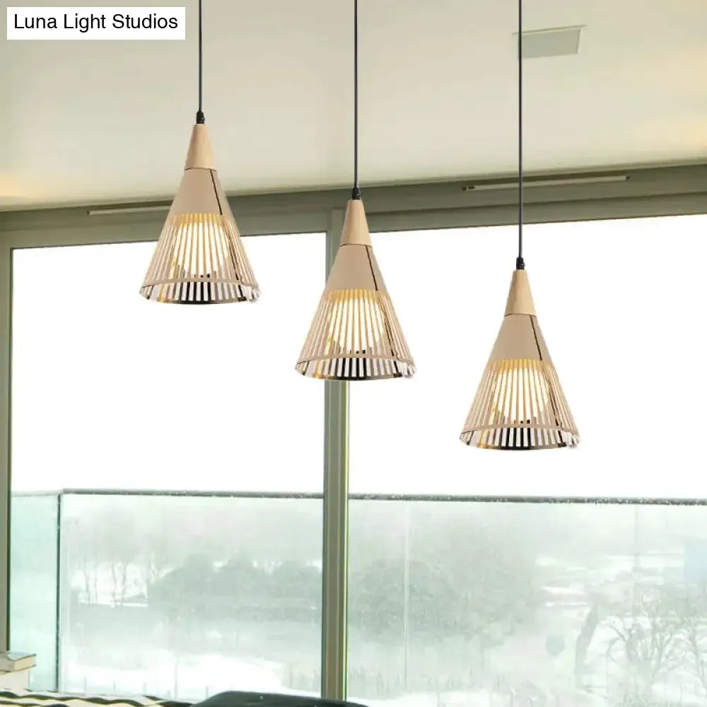 Nordic Cone Ceiling Light - 3 Head Metal and Wood Pendant Lighting with Wire Frame, Linear/Round Canopy - Black/White