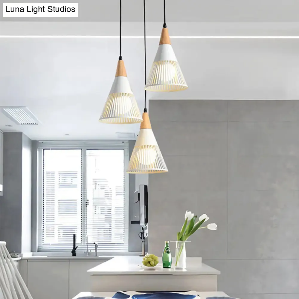 Nordic Cone Ceiling Light - 3 Head Metal and Wood Pendant Lighting with Wire Frame, Linear/Round Canopy - Black/White