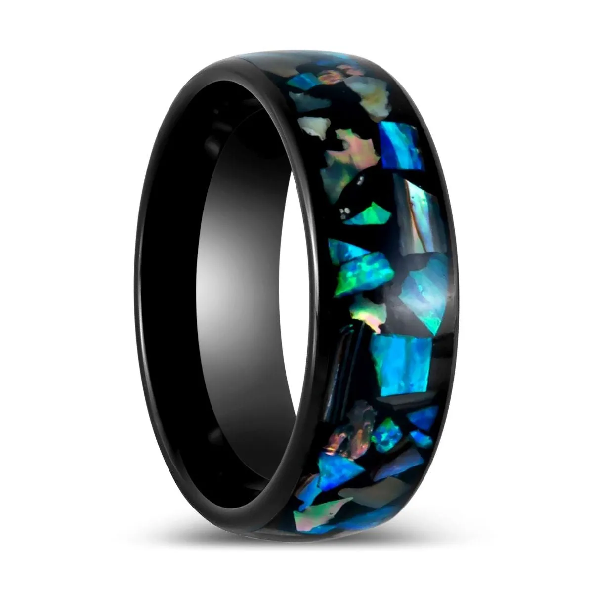 OLDHAM | Black Tungsten Ring Synthetic Opal Inlay