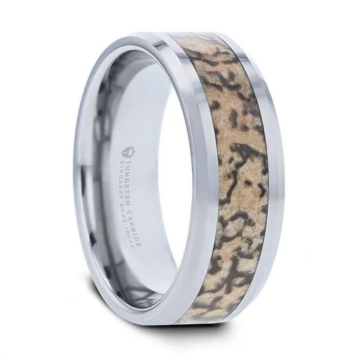 ORDOVICIAN Dinosaur Bone Inlaid Tungsten Carbide Beveled Edged Ring - 4mm