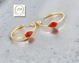 Pear-Shaped Orange Carnelian Gemstone Hoop Earrings 2.25”