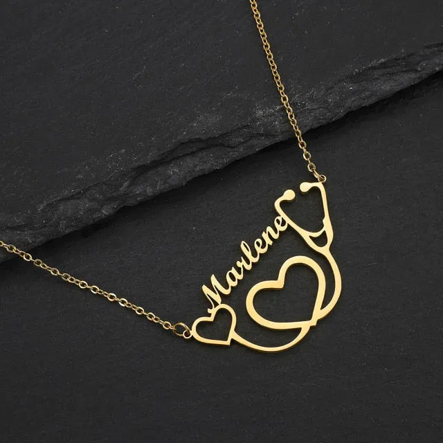 Personalized Name Necklace with a stethoscope For Women Men Gold Silver Chain Lovers