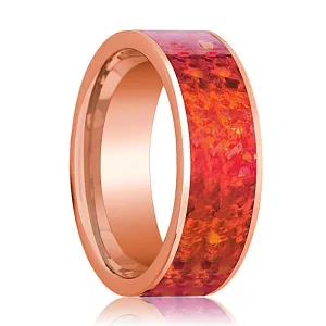 Polished 14k Rose Gold Men's Flat Wedding Band with Red Opal Inlay - 8MM