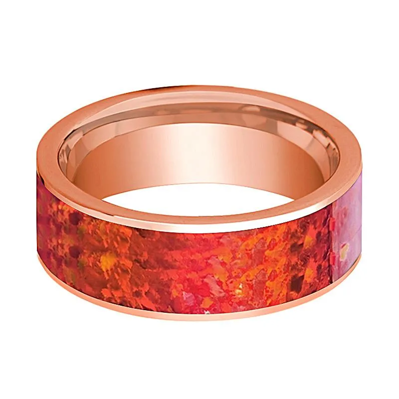 Polished 14k Rose Gold Men's Flat Wedding Band with Red Opal Inlay - 8MM