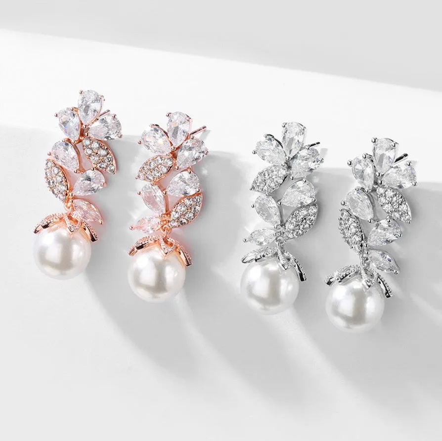 "Almera" - Pearl and Cubic Zirconia Bridal Earrings - Available in Rose Gold and Silver