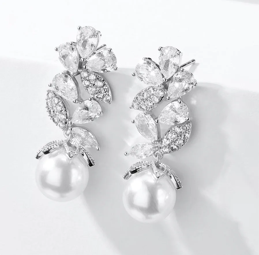 "Almera" - Pearl and Cubic Zirconia Bridal Earrings - Available in Rose Gold and Silver