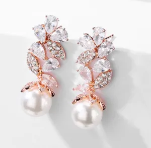 "Almera" - Pearl and Cubic Zirconia Bridal Earrings - Available in Rose Gold and Silver