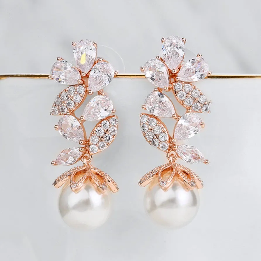 "Almera" - Pearl and Cubic Zirconia Bridal Earrings - Available in Rose Gold and Silver