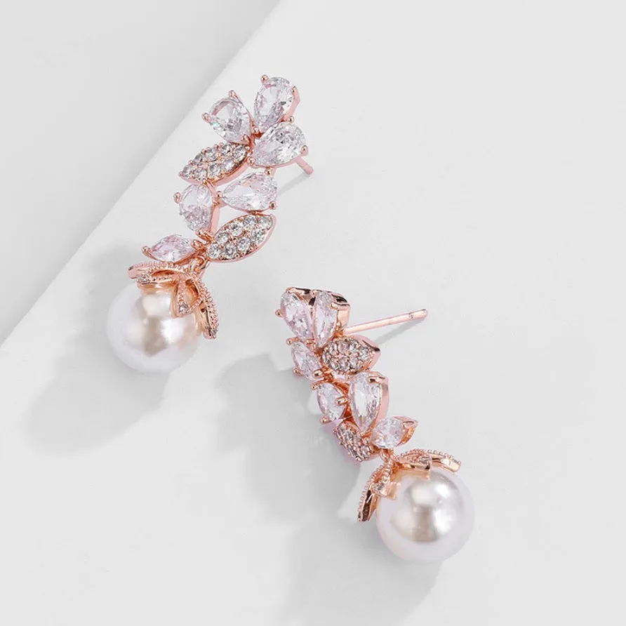 "Almera" - Pearl and Cubic Zirconia Bridal Earrings - Available in Rose Gold and Silver