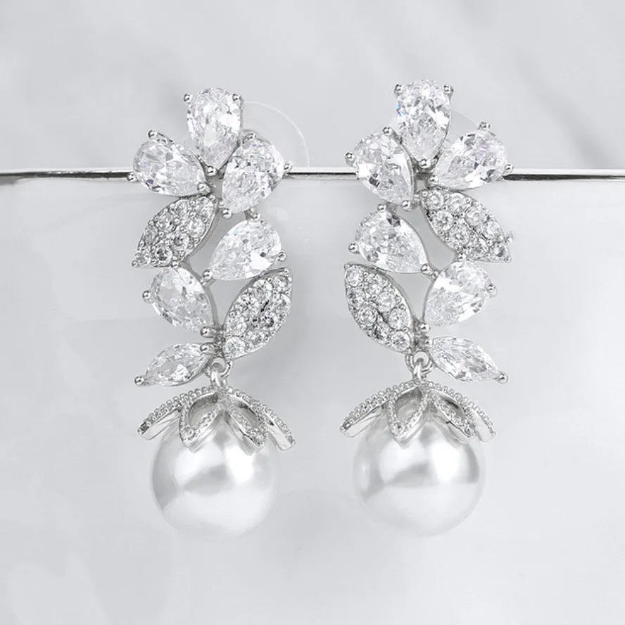 "Almera" - Pearl and Cubic Zirconia Bridal Earrings - Available in Rose Gold and Silver