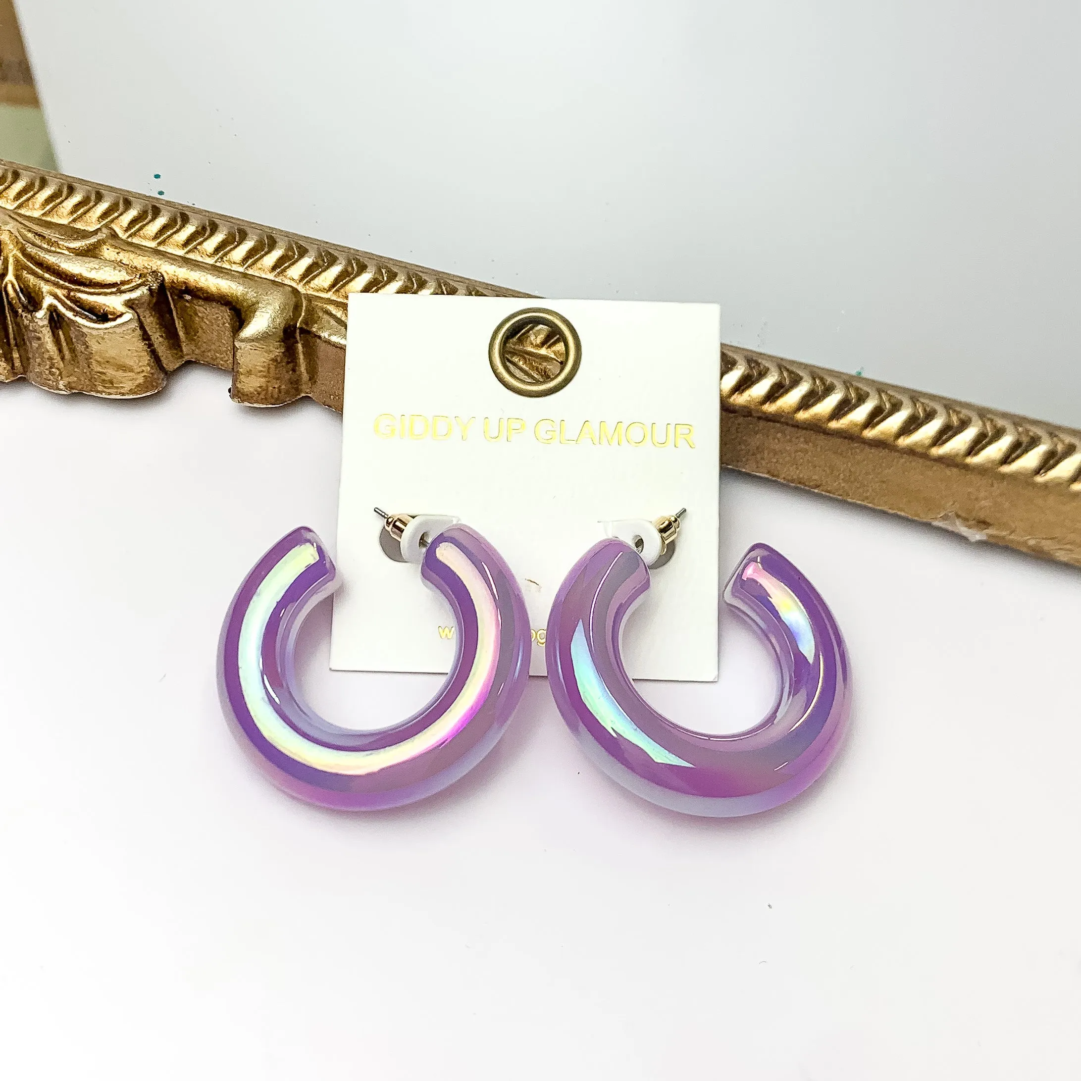 Rainbow Hour Iridescent Chunky Hoop Earrings in Purple