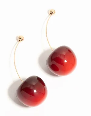 Red Cherry Thread Through Gold Drop Earrings