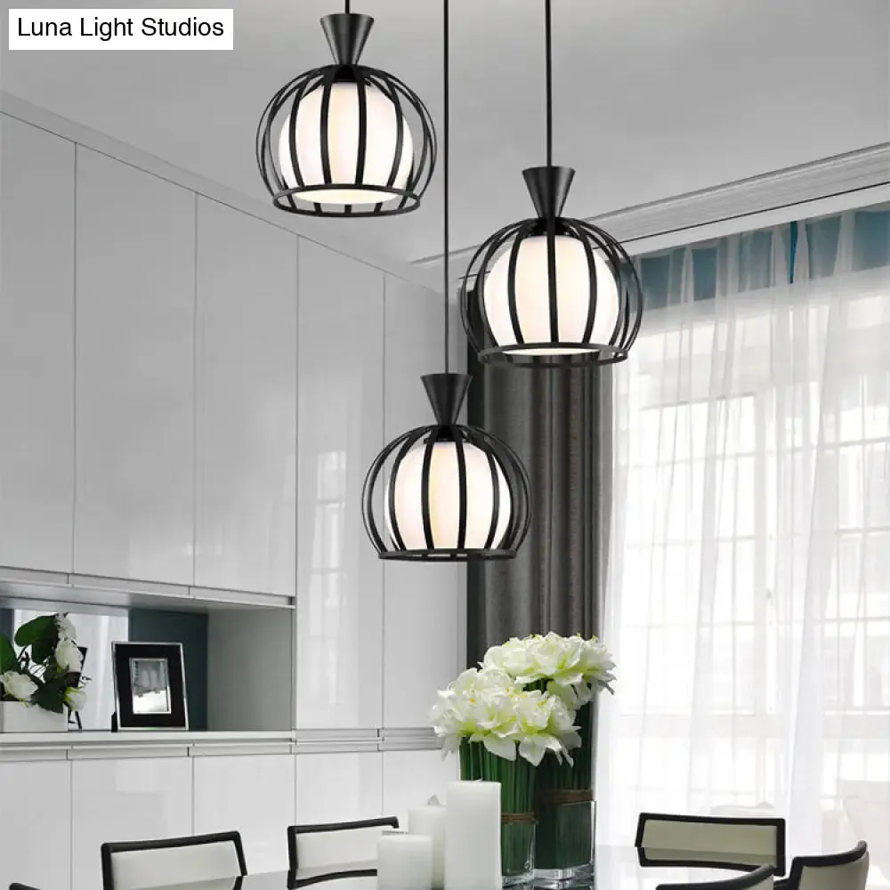 Retro Metal Dome Cage Pendant Light with Milk Glass Shade - 3 Bulb Indoor Hanging Fixture in Black/White