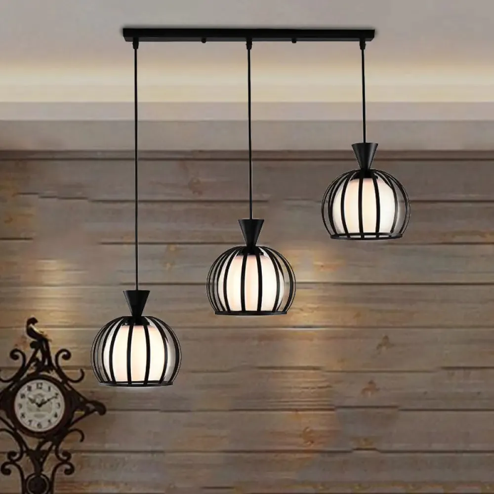 Retro Metal Dome Cage Pendant Light with Milk Glass Shade - 3 Bulb Indoor Hanging Fixture in Black/White