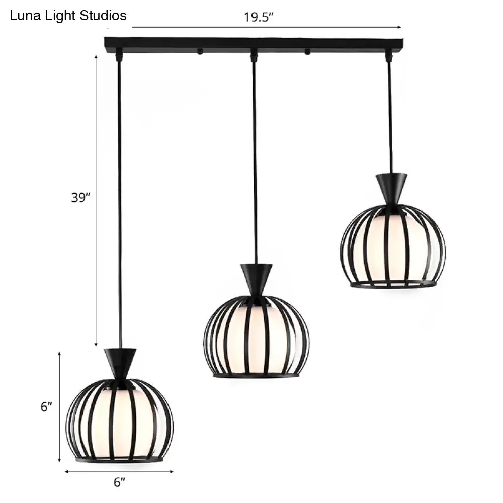 Retro Metal Dome Cage Pendant Light with Milk Glass Shade - 3 Bulb Indoor Hanging Fixture in Black/White