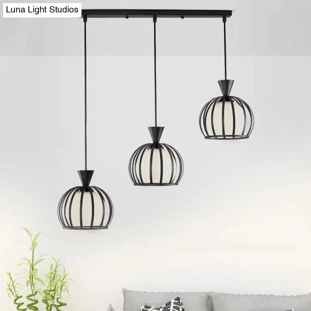 Retro Metal Dome Cage Pendant Light with Milk Glass Shade - 3 Bulb Indoor Hanging Fixture in Black/White