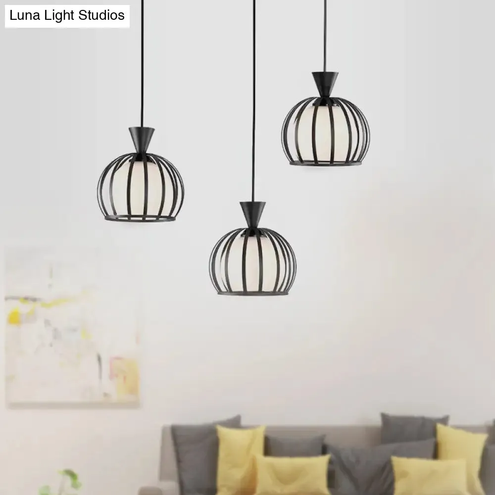 Retro Metal Dome Cage Pendant Light with Milk Glass Shade - 3 Bulb Indoor Hanging Fixture in Black/White