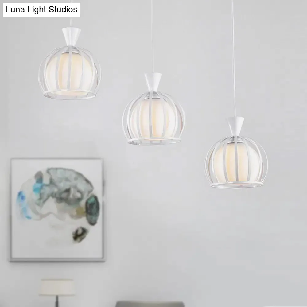 Retro Metal Dome Cage Pendant Light with Milk Glass Shade - 3 Bulb Indoor Hanging Fixture in Black/White