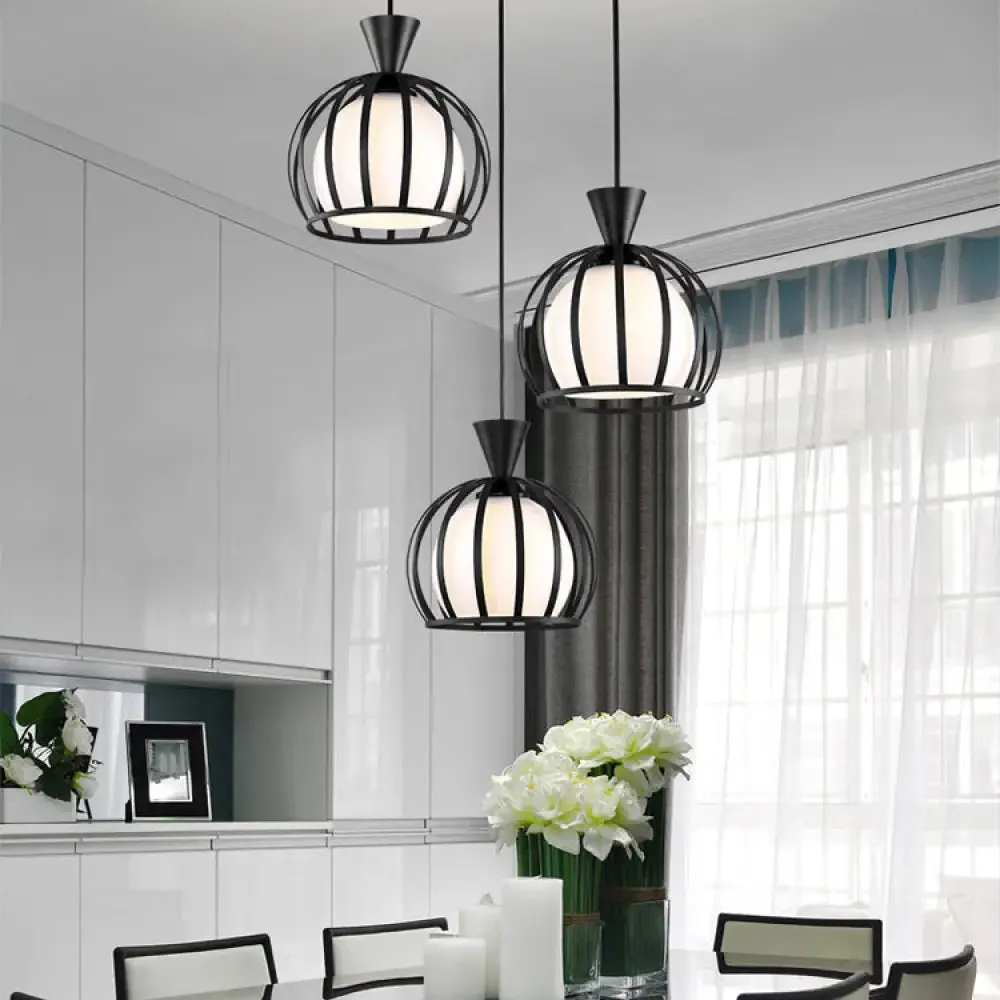 Retro Metal Dome Cage Pendant Light with Milk Glass Shade - 3 Bulb Indoor Hanging Fixture in Black/White