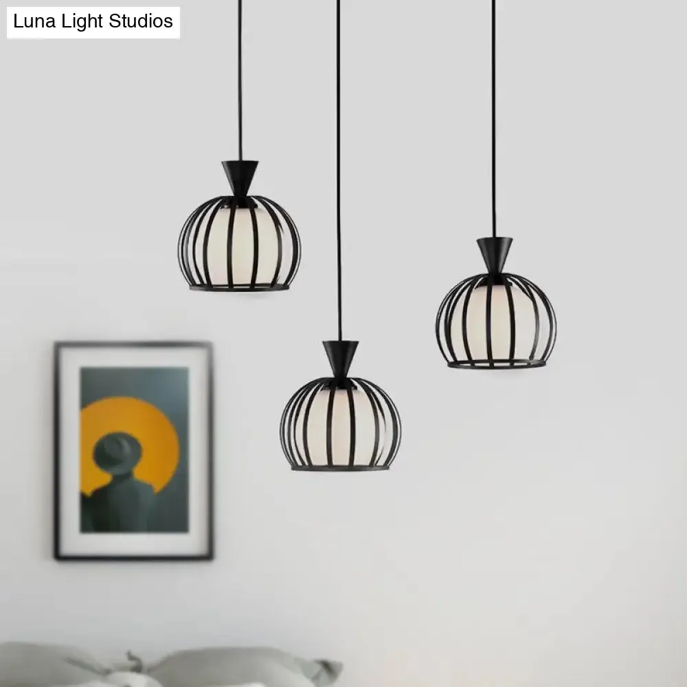 Retro Metal Dome Cage Pendant Light with Milk Glass Shade - 3 Bulb Indoor Hanging Fixture in Black/White