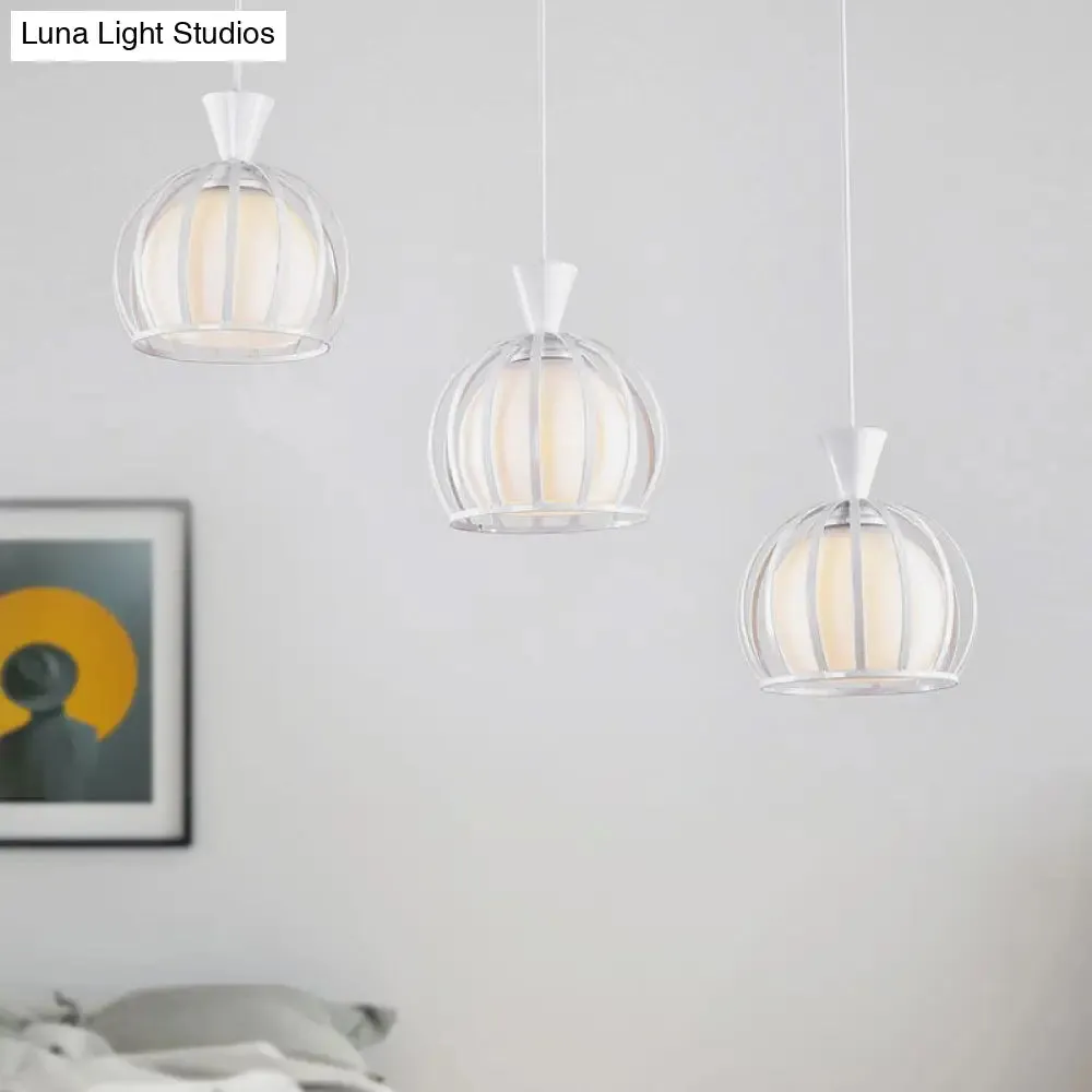 Retro Metal Dome Cage Pendant Light with Milk Glass Shade - 3 Bulb Indoor Hanging Fixture in Black/White