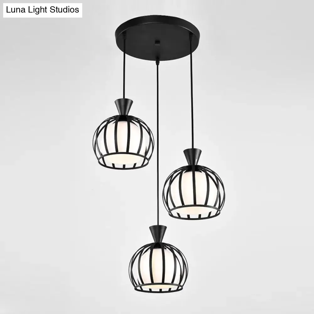 Retro Metal Dome Cage Pendant Light with Milk Glass Shade - 3 Bulb Indoor Hanging Fixture in Black/White