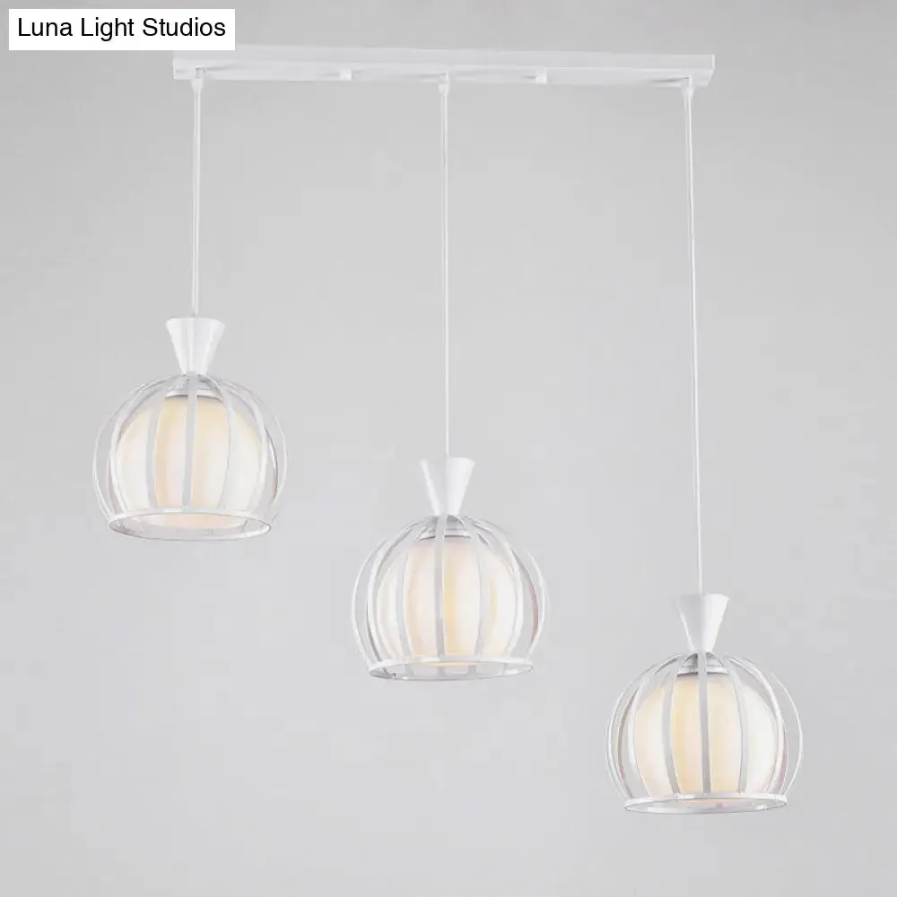 Retro Metal Dome Cage Pendant Light with Milk Glass Shade - 3 Bulb Indoor Hanging Fixture in Black/White