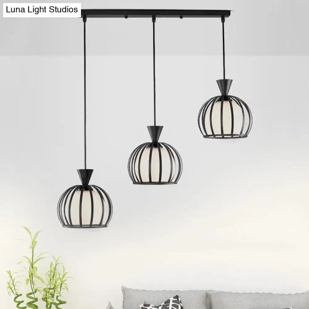 Retro Metal Dome Cage Pendant Light with Milk Glass Shade - 3 Bulb Indoor Hanging Fixture in Black/White