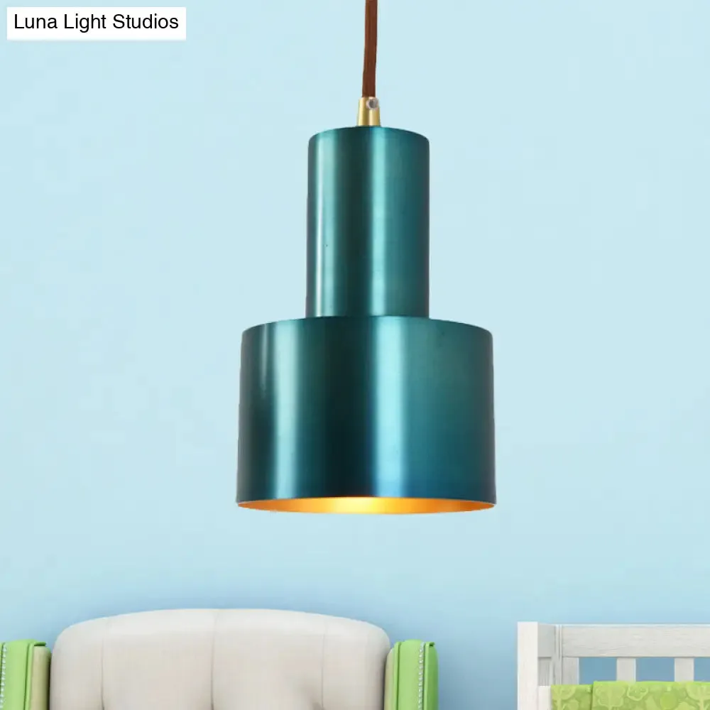 Retro-Style Metal Cylindrical Pendant Lamp - Blue/Black/Gold - 1 Head Ceiling Pendant for Bedroom