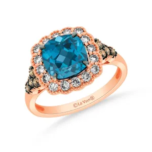 Rose Gold Blue Topaz Ring with Chocolate and Nude Diamonds