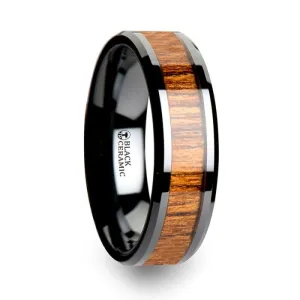 SAGON | Black Ceramic Ring, Teak Wood Inlay, Beveled