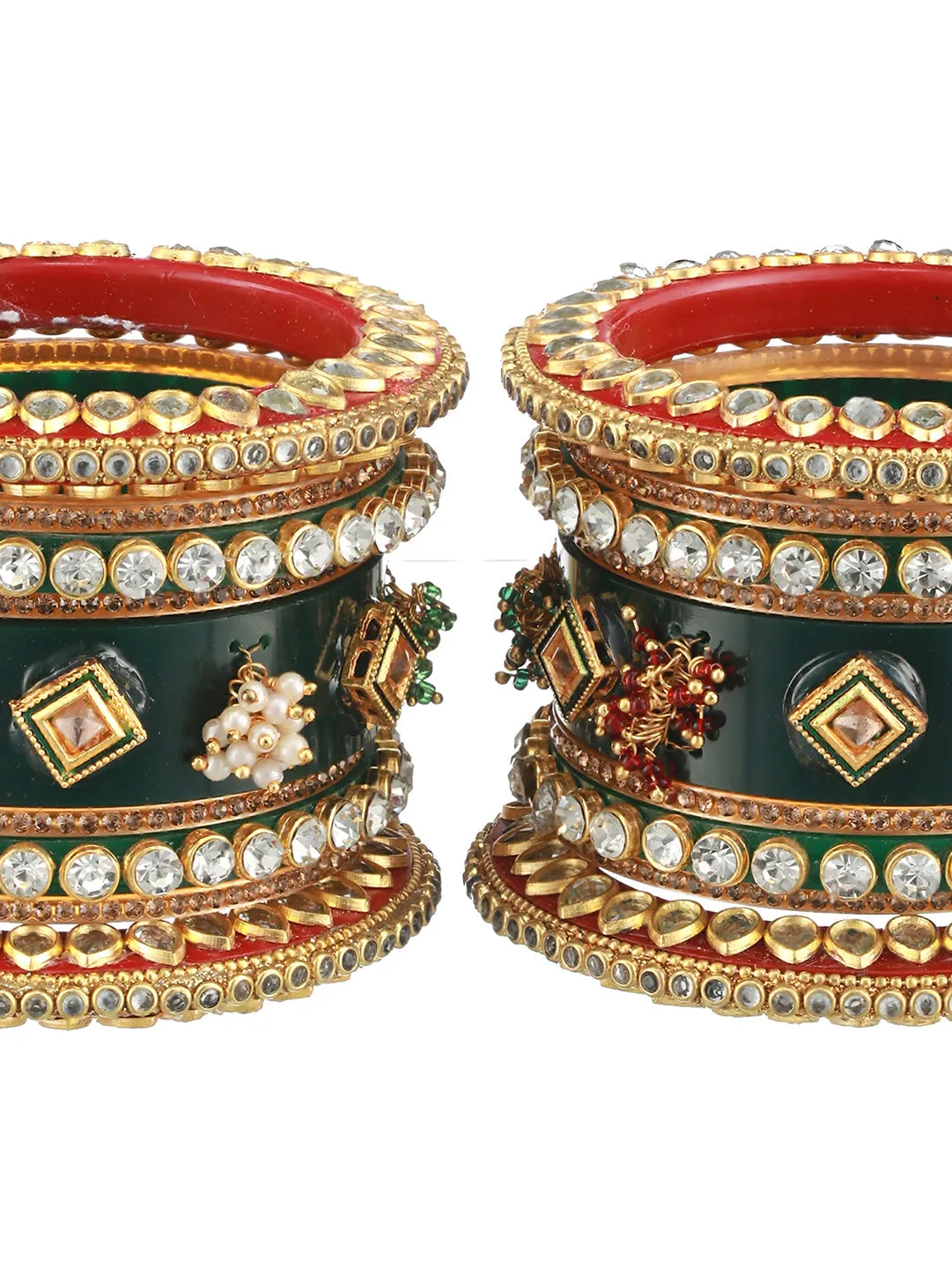 Set Of 18 Gold-Plated Stone-Studded & Beaded Green Chuda Bangles