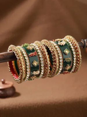 Set Of 18 Gold-Plated Stone-Studded & Beaded Green Chuda Bangles