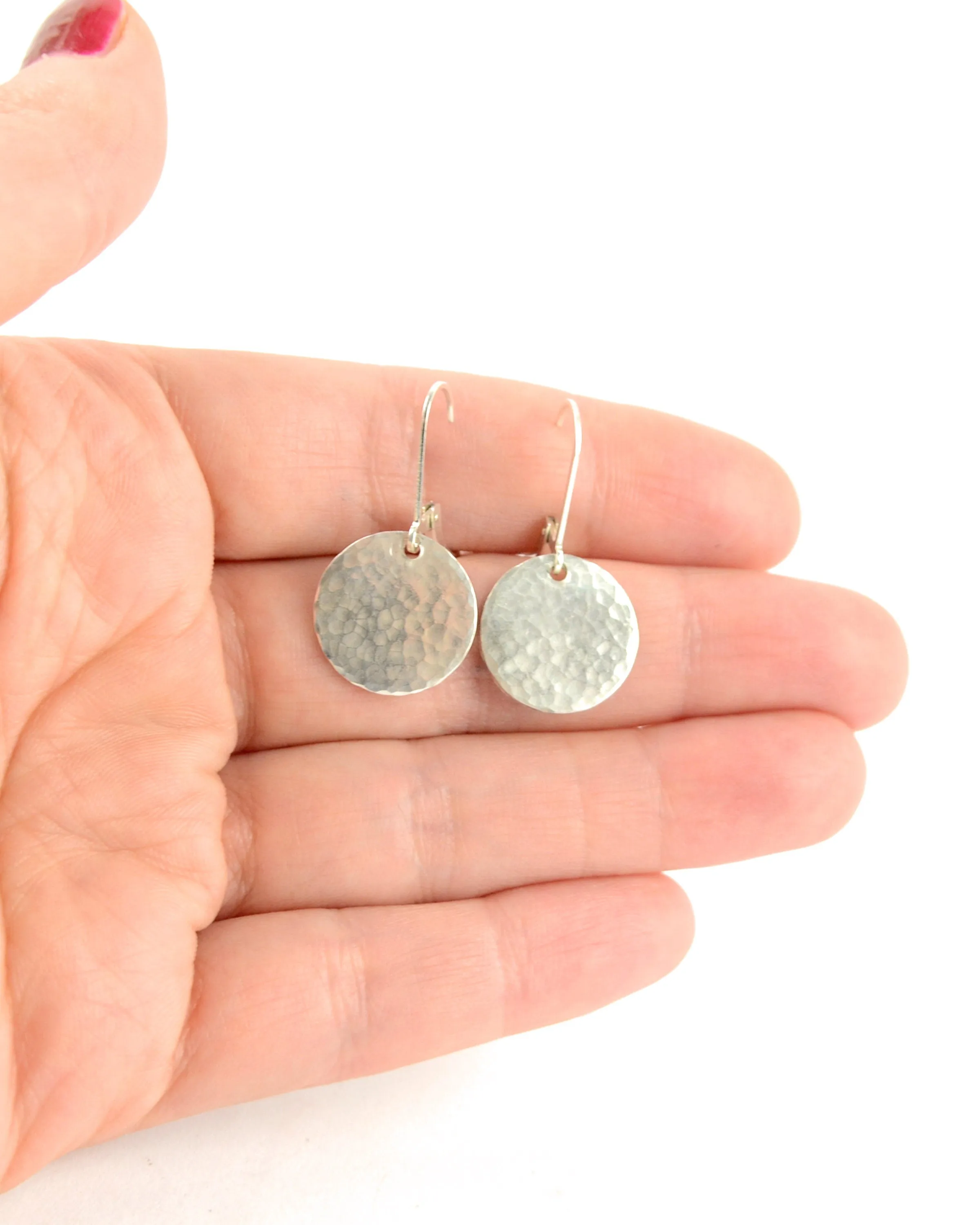 Simple silver hammered disc rustic earrings