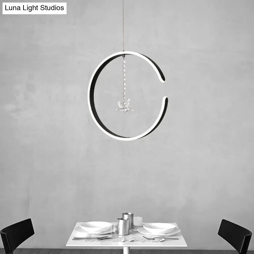 Sleek C-Shape Metal Suspension Lighting with Crystal Bird - LED Hanging Lamp Kit in Warm/White Light