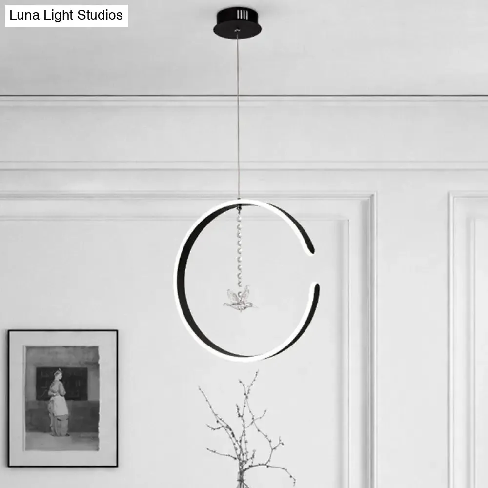 Sleek C-Shape Metal Suspension Lighting with Crystal Bird - LED Hanging Lamp Kit in Warm/White Light