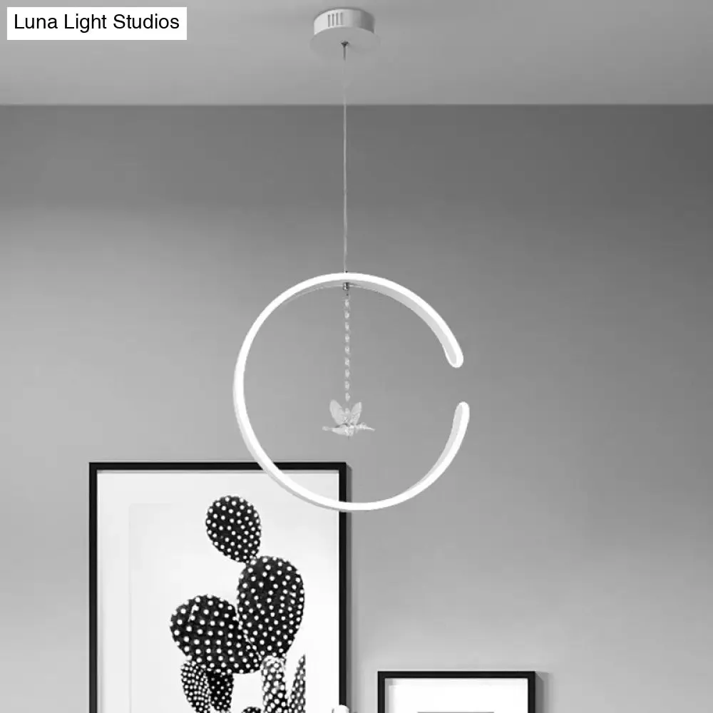 Sleek C-Shape Metal Suspension Lighting with Crystal Bird - LED Hanging Lamp Kit in Warm/White Light